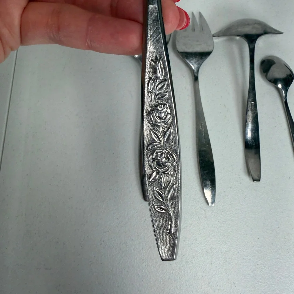 Eldan 6pc Flatware Set Stainless Japan Rose Floral Serving Pieces Silverware